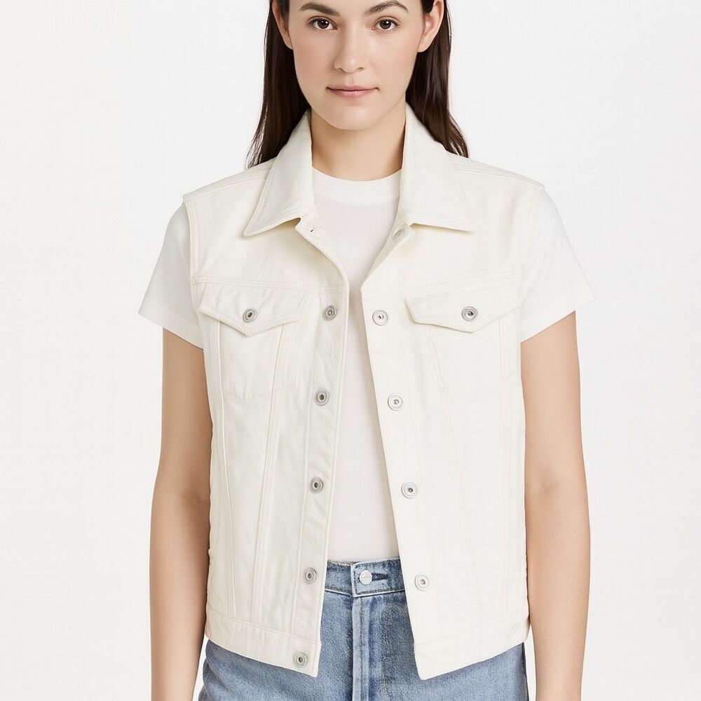 Each x Other White Denim Fringe Vest Size Medium